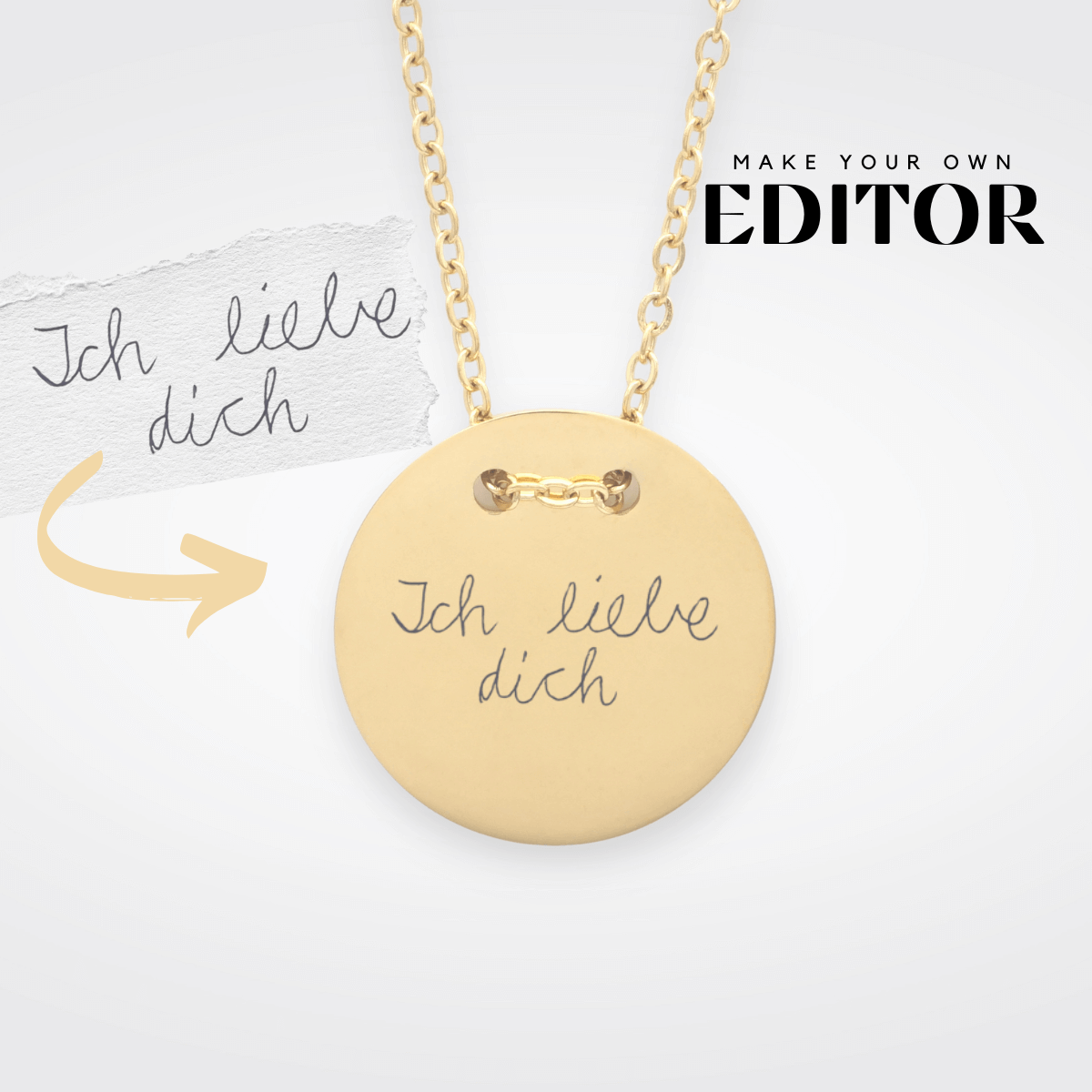 Goldfarbenes rundes Medaillon mit Handschrift, einzeln lasergraviert