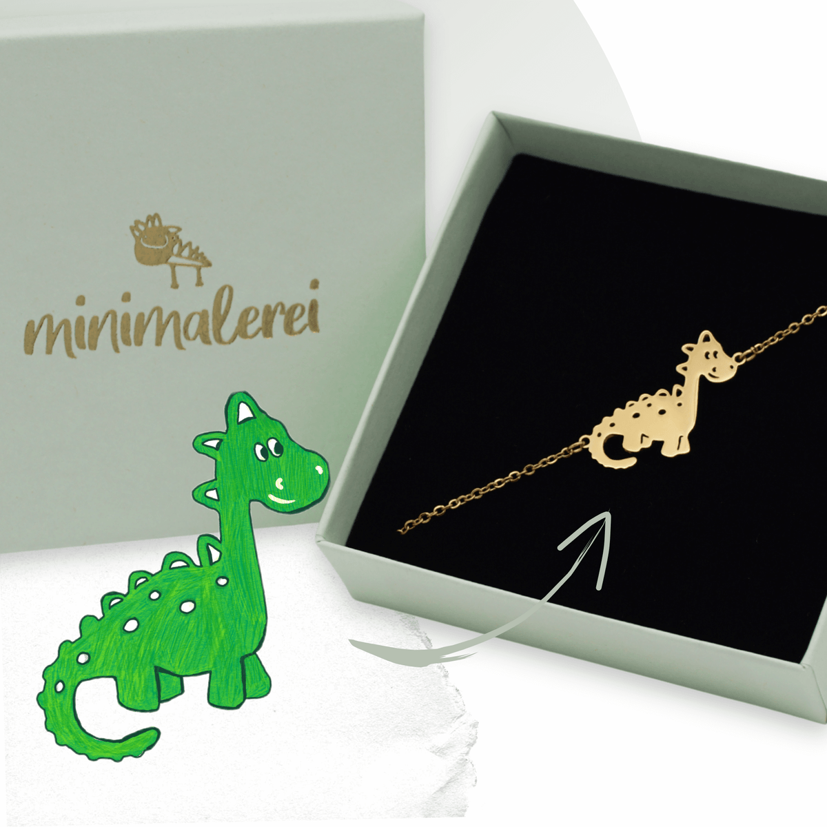 Goldfarbenes Armband mit Kinderzeichnung – die Zeichnung als filigraner Anhänger, konturgenau ausgeschnitten