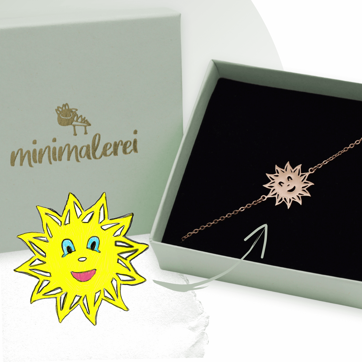 Roséfarbenes Armband mit Kinderzeichnung – die Zeichnung als filigraner Anhänger, konturgenau ausgeschnitten
