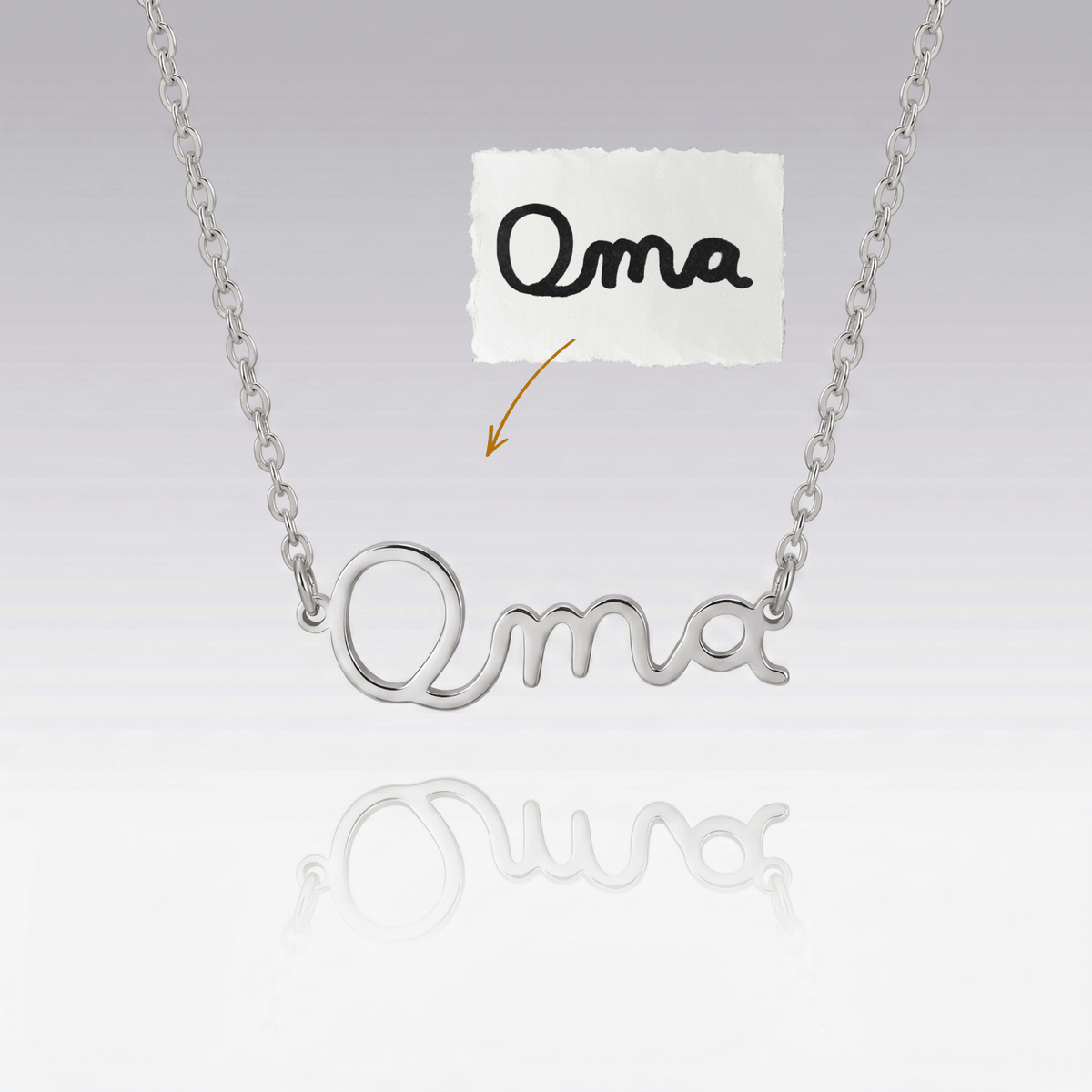 Halskette mit Handschrift „Oma“ – das handgeschriebene Wort als filigraner Anhänger, originalgetreu (Mit KI bearbeitet)